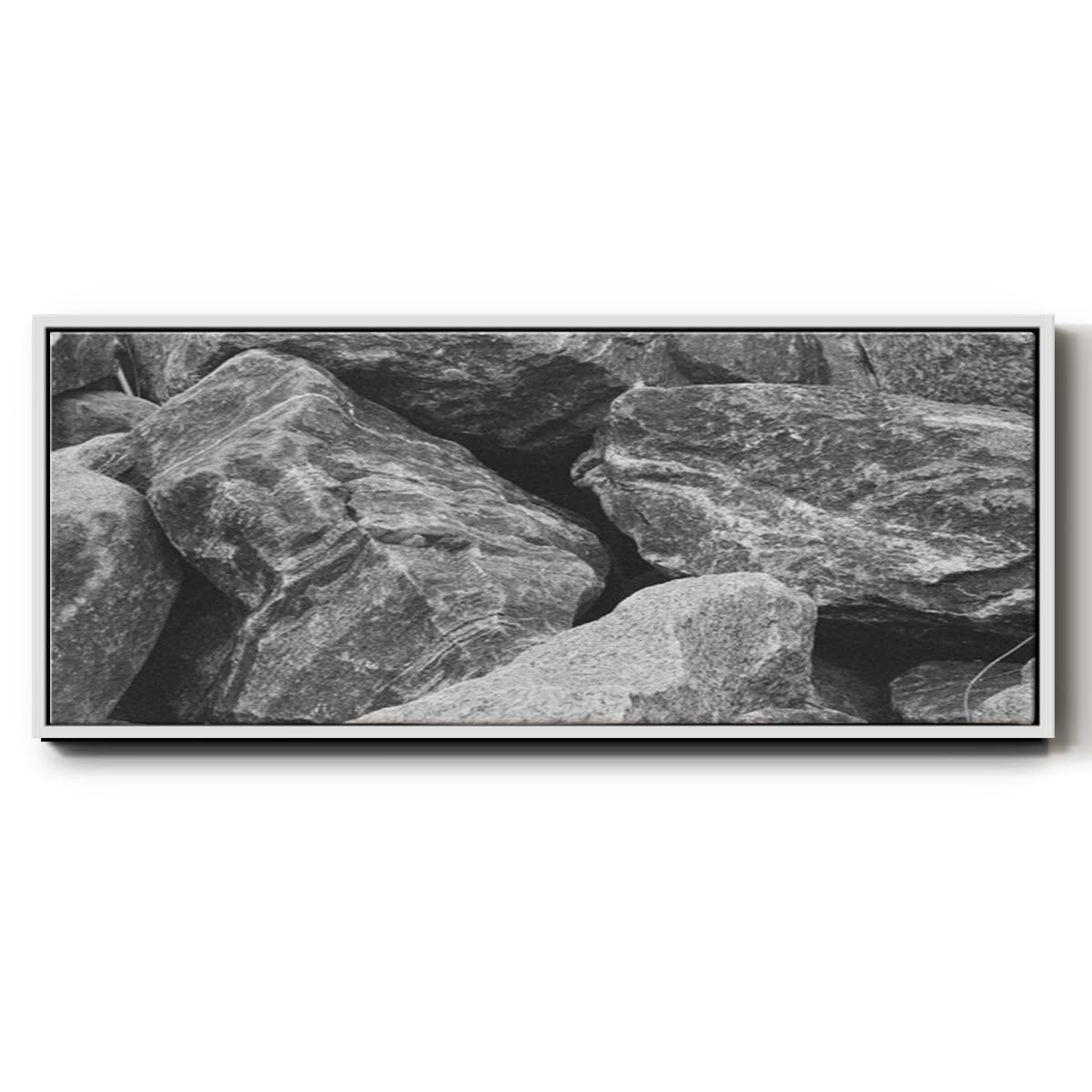 Renditions Gallery Floater Framed Home Décor Black Textured Rock Painting Canvas Hanging Decoration for Lounge Kitchen Bedroom - 20"x50" White Frame LT621