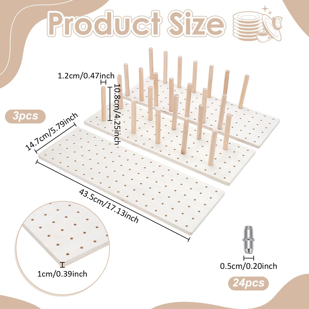 UNICRAFTALE 3Set Wood Pegboard Drawer Organizer Adjustable Wood Tableware Organizer Storage Shelf Wooden Peg Board with 24 Pegs for Dishes Plate Pot Container Cookware Utensil Kitchen 5.79x17.13 in