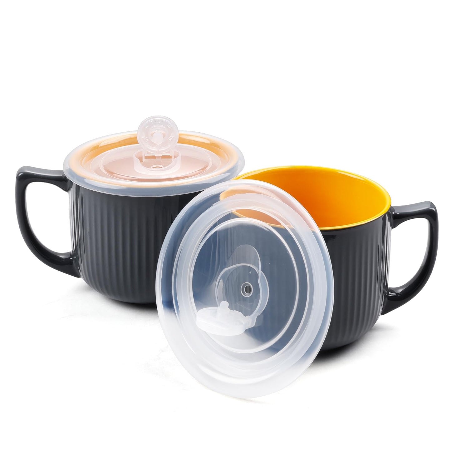 ZEBERBO Ceramic Soup Bowl with Handle 32oz – Microwave Ramen Bowl with Lid, Soup Mugs & Cups for Cereal, Oatmeal, Ramen, Instant Noodle, Soup Container with Lid (Gray)