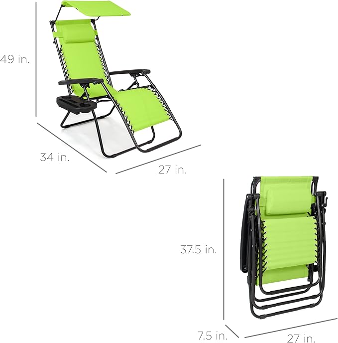 Best Choice Products Folding Zero Gravity Outdoor Recliner Patio Lounge Chair w/Adjustable Canopy Shade, Headrest, Side Accessory Tray, Textilene Mesh - Lime Green