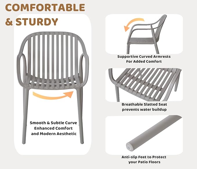 Modern Stackable Outdoor & Indoor Plastic Dining Chairs Set, Outdoor Breathable Armchairs Set, Weather-Resistant, Ideal for Patios, Cafes, and Home Use, No Assembly, Set of 4 (Grey)