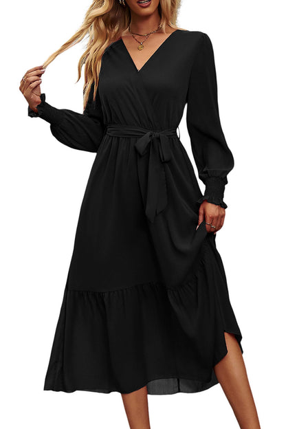 PRETTYGARDEN Women's Floral Boho Dress Fall Long Sleeve Wrap V Neck Ruffle Flowy Maxi Spring Wedding Guest Vacation Dresses (Solid Black,Medium)