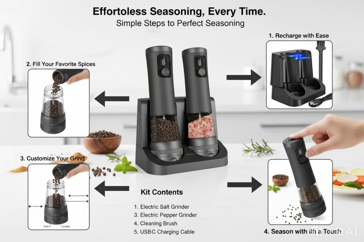 Veiliss Electric Salt and Pepper Grinder Set, Battery Display Rechargeable Base, External 5 Adjustable Coarseness, Stainless Steel Frosted Finish Automatic Mill with LED Light