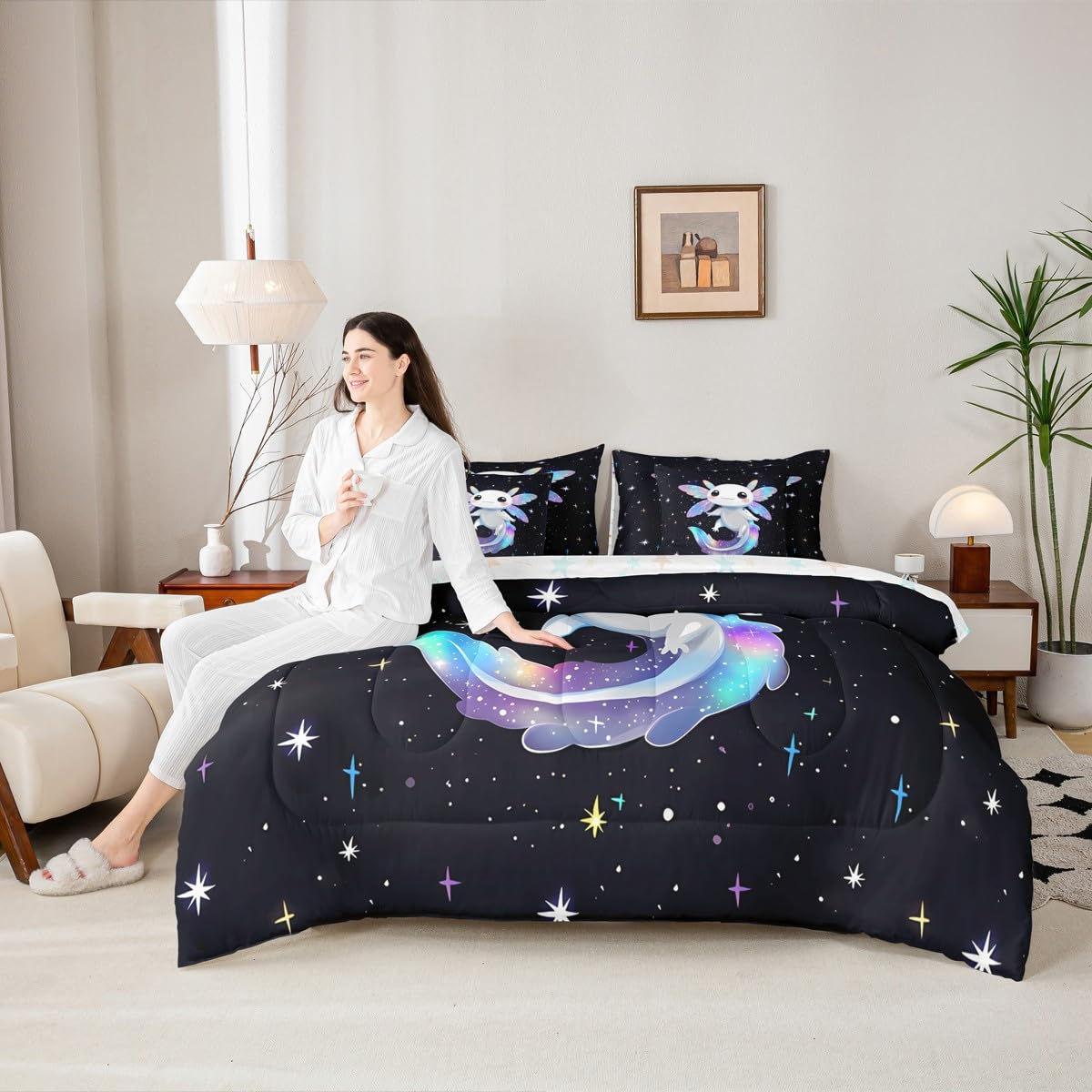 Colorful Axolotl Queen Comforter Set Kids Cute Rainbow Axolotl Bed in a Bag with Flat and Fitted Sheet Sparkle Starry Sky Stars Galaxy 7-Piece Bedding Set Lovely Salamander Quilt Duvet Sets