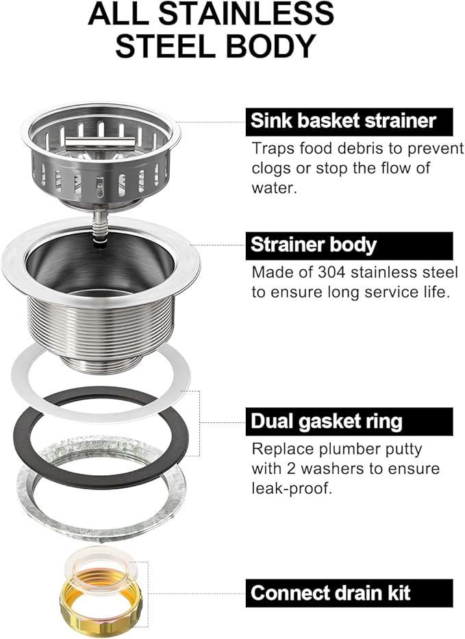 BOTEMY B9171 Kitchen Sink Drain 3 1/2 Inch Kitchen Sink Drain Strainer Assmebly