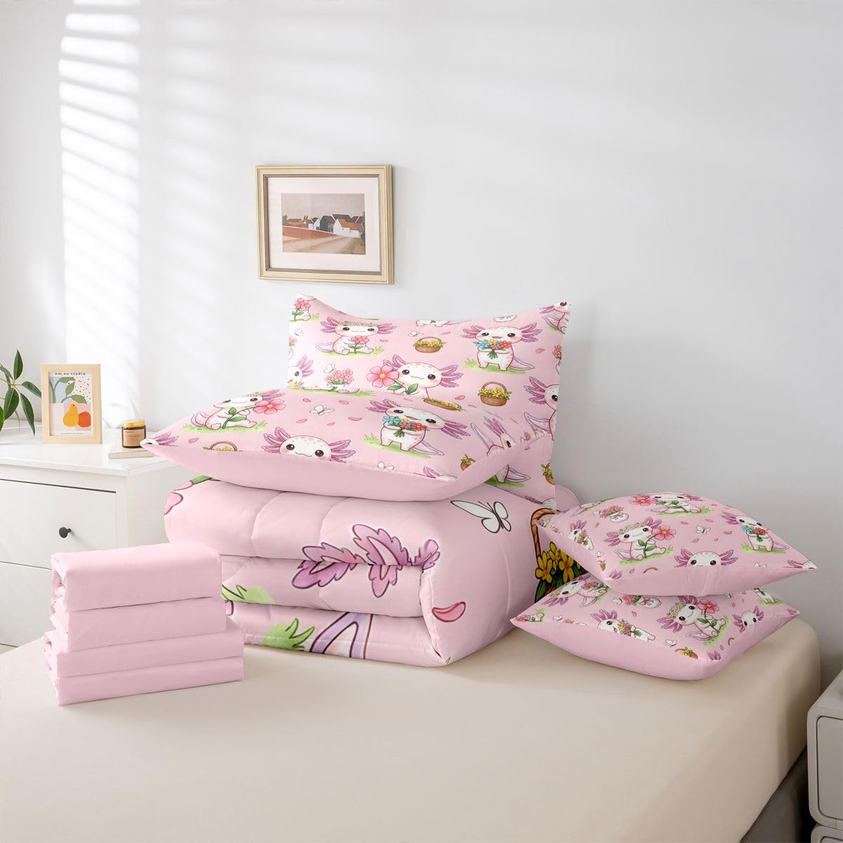 Pink Floral Axolotl Queen Bedding Set for Kids Girls Teens Cute Axolotl Comforter Set with Flat and Fitted Sheet Spring Garden Pink Flowers 7-Piece Bed in a Bag Girly Dreamy Pastoral Petals Quilt Sets