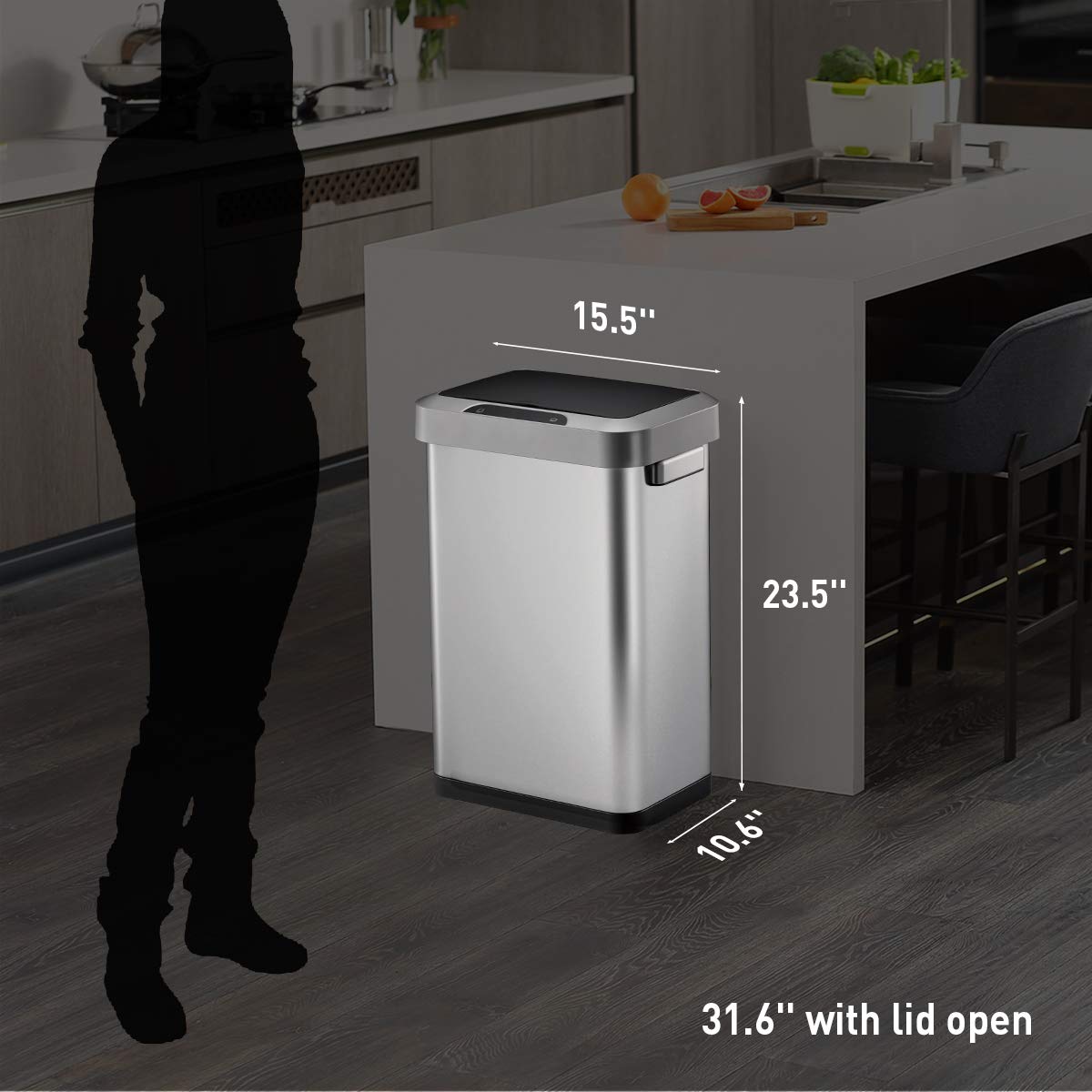 EKO EK9262MT-45L Horizon 45 Liter/11.9 Gallon Rectangular Motion Sensor Trash Can, Brushed Stainless Steel Finish