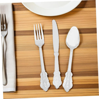 VERDANVERSE Disposable Cutlery Set 24 Pieces with Gold Trimmed Forks Spoons Knives, Plastic Picnic Utensil Kit for Parties Camping and Daily Household Use