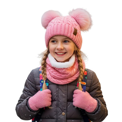 Kids Winter Hats Gloves Scarf Set for Girls Toddler Beanie Baby Neck Warmer Warm Thick Fleece Lining Thermal Pink Knit Cap with Cute Pom Pom for 6-10 Years Old, Gifts for Childrens