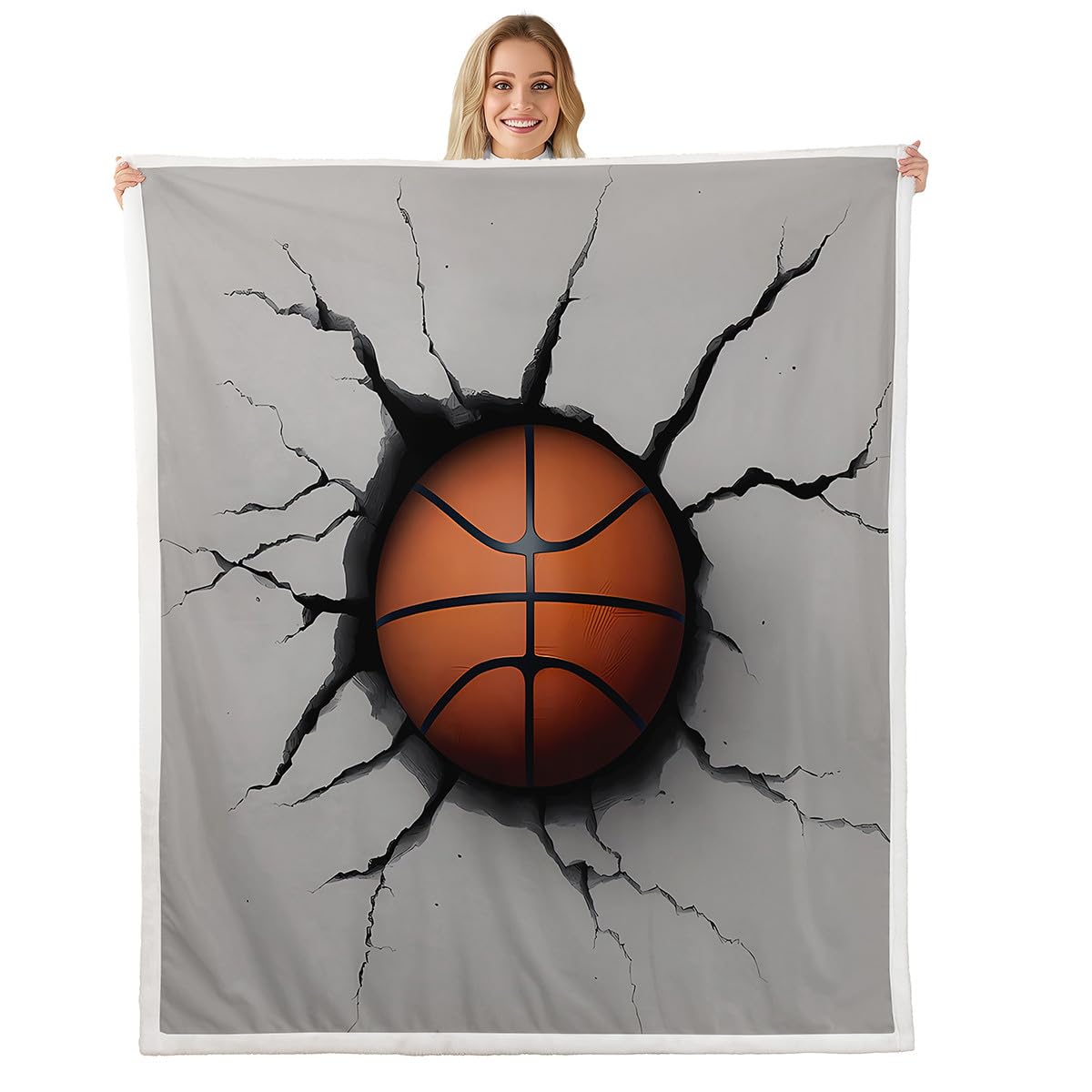 Feelyou Boys Basketball Sherpa Blanket for Sofa Couch Men Sports Theme Fleece 3D Ball Pattern Plush Throw Blanket Basketball with Gray Broken Wall Fuzzy Room Decor 50"x60"