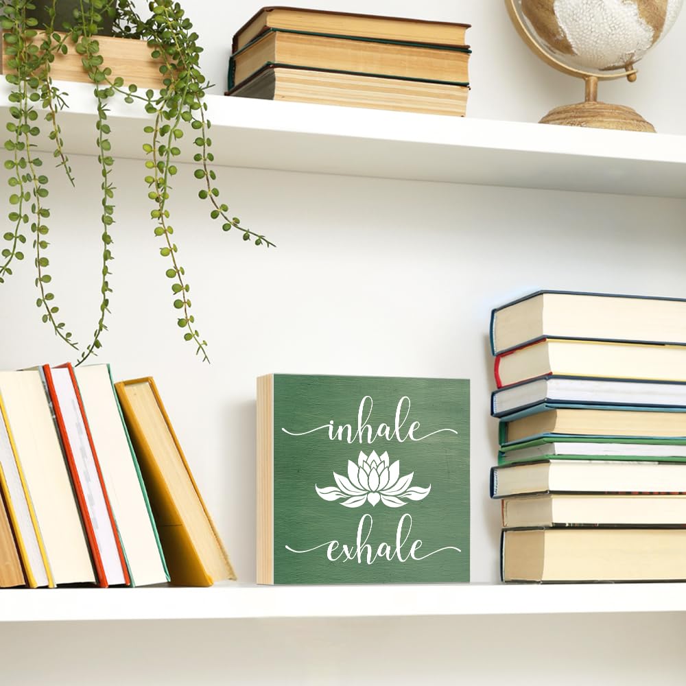Pishovi Inhale Exhale Wooden Box Sign, Lotus Inhale Exhale Mindful Wood Door Sign for Home Office Farmhouse Bedroom Yoga Spa Room, Meditation Quote Plaque Gifts for Women Friend Coach Yoga Lover