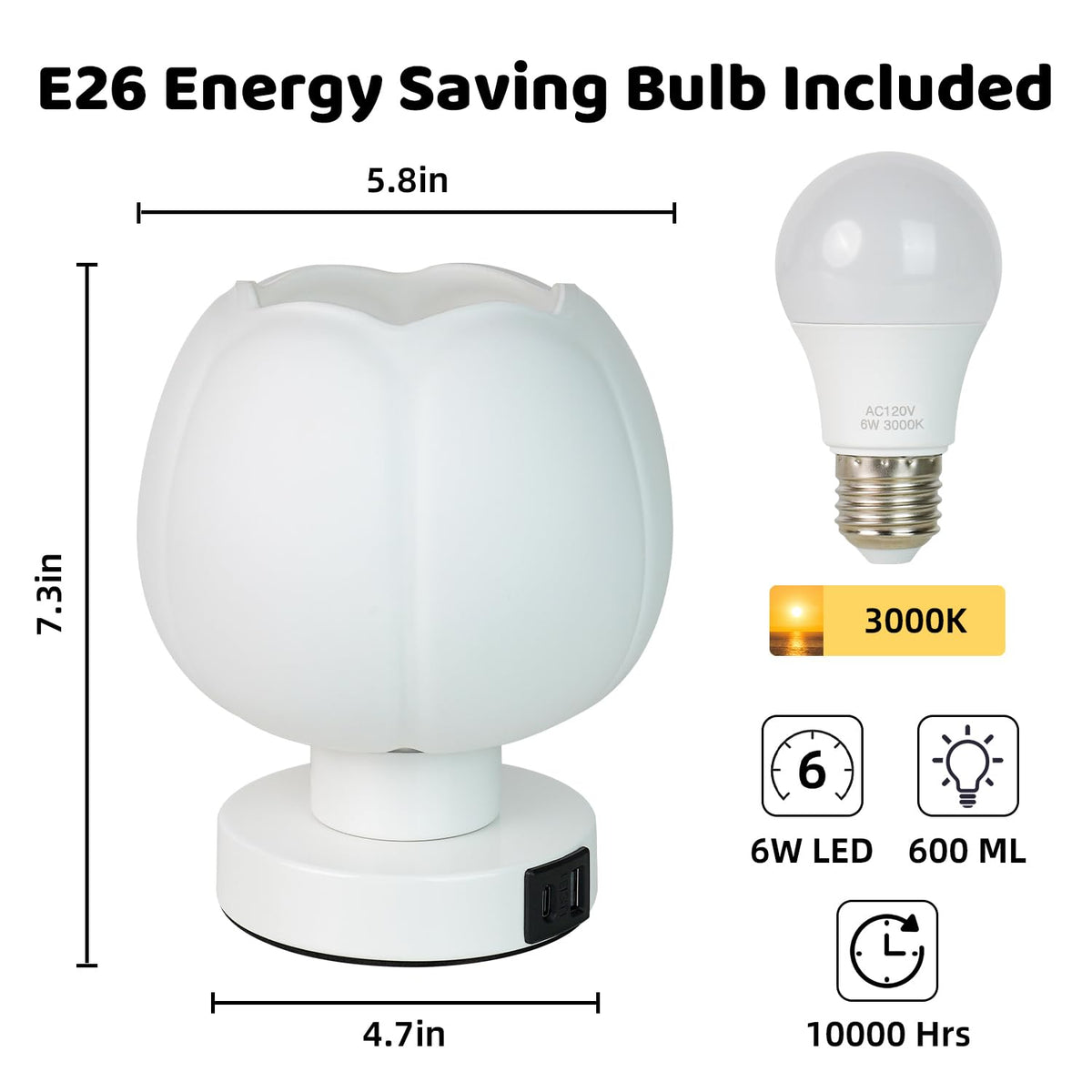 Komothala Touch Bedside Lamp with USB C+A Charging Ports,Tulip Flower Lamp with White Glass Lamp Shade, Warm LED Bulb, 3 Way Dimmable, Small Table Lamp for Bedroom Nightstand Living Room