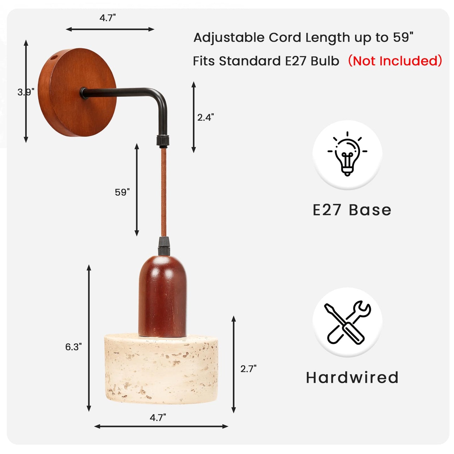 Zelipan Faux Travertine Wall Sconce, 4.7" Hardwired Wall Mounted Light, Adjustable Height Mid Century Modern Marble Lamp for Bedroom, Bedside, Reading (E26 Bulb Not Included)