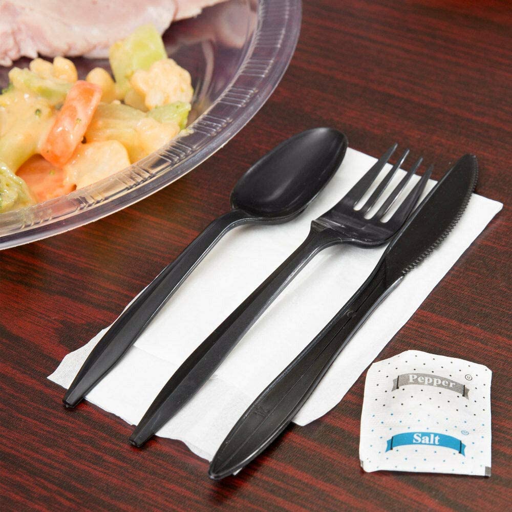 450 Plastic Cutlery Packets - Knife Fork Spoon Napkin Salt Pepper Sets | Black Plastic Silverware Sets Individually Wrapped Cutlery Kits, Bulk Utensil Cutlery Set Disposable To Go Silverware