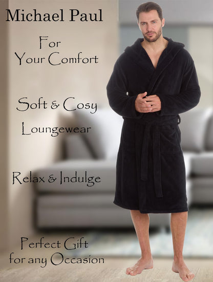 MICHAEL PAUL Dressing Gowns for Men | Super Soft Luxury Hooded Dressing Gown | Men's Warm and Cozy Fleece Nightwear Robe | Gifts for Men L BLACK
