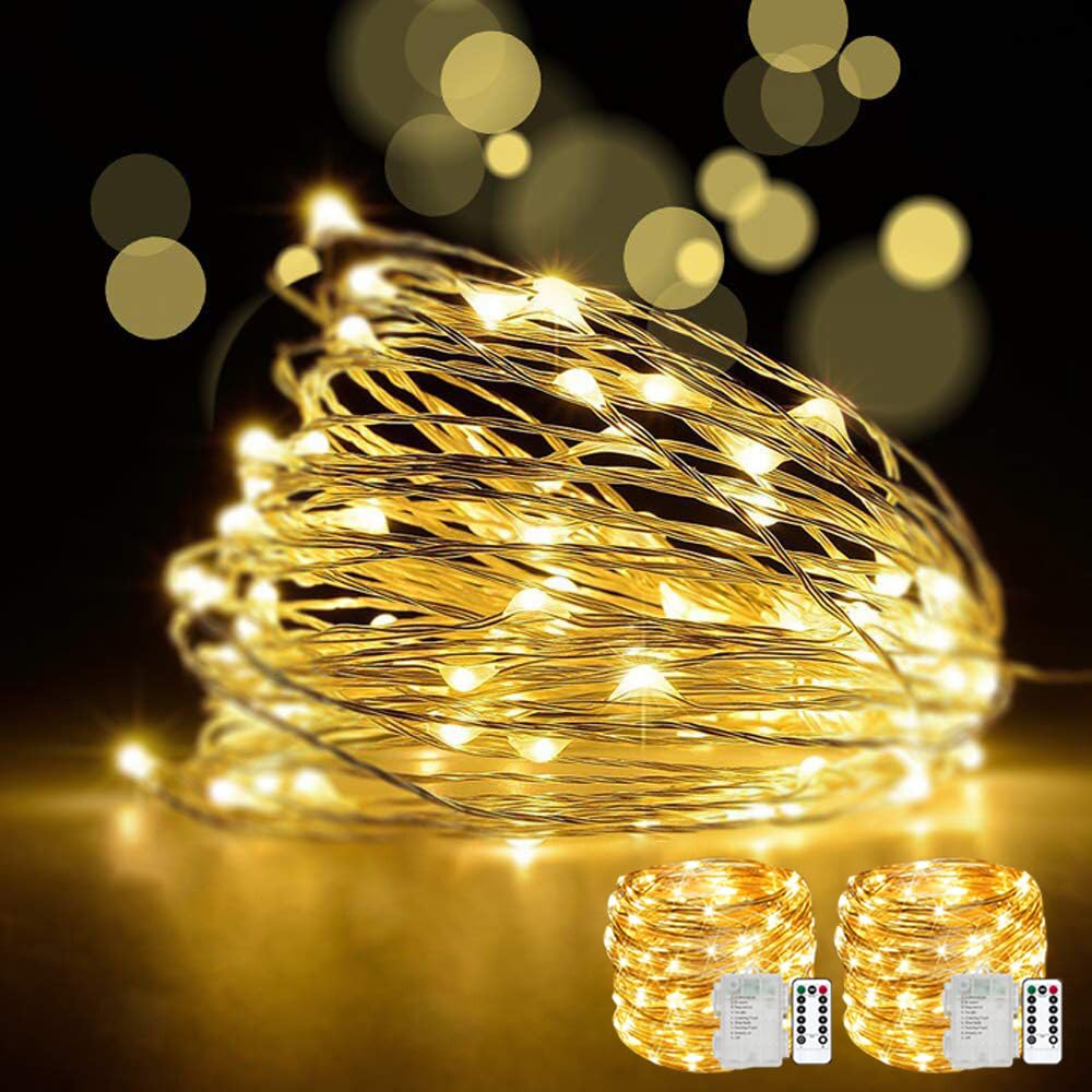 YoTelim LED Fairy String Lights with Remote Control - 2 Set 100 LED 33ft/10m Micro Silver Wire Indoor Battery Operated LED String Lights for Garden Home Party Wedding Festival Decorations(Warm White)