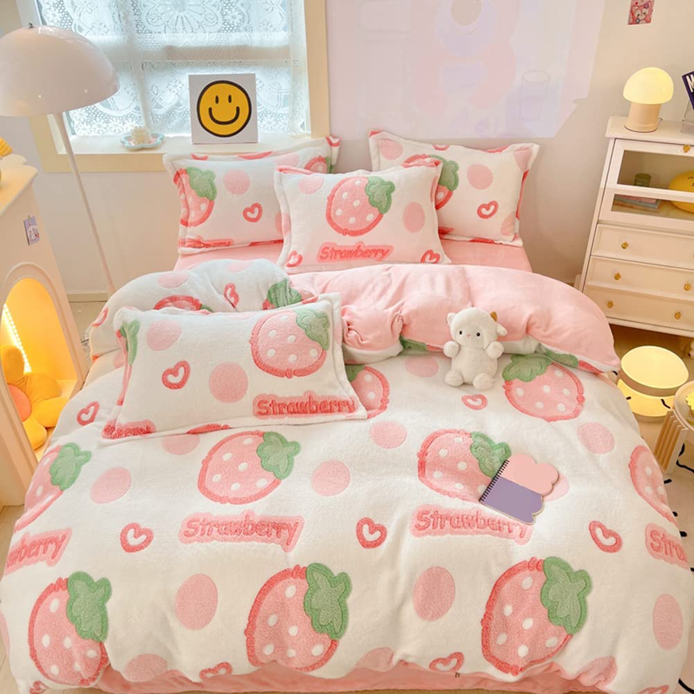 MorroMorn Twin Duvet Cover Set, Pink Strawberry Cute Bedding Sets, Fluffy Comforter Covers Lightweight Blanket Ultra Soft Kawaii for Girls Kids Toddler Teen Women Twin/Twin XL Size