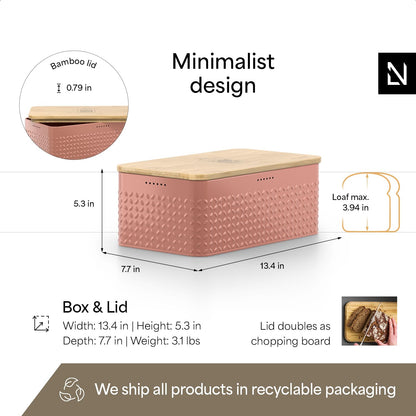 LARS NYSØM Bread Box I Metal Box for long lasting freshness I Bread Bin with bamboo lid usable as cutting board I 13.4x7.7x5.3In (Brick Red)