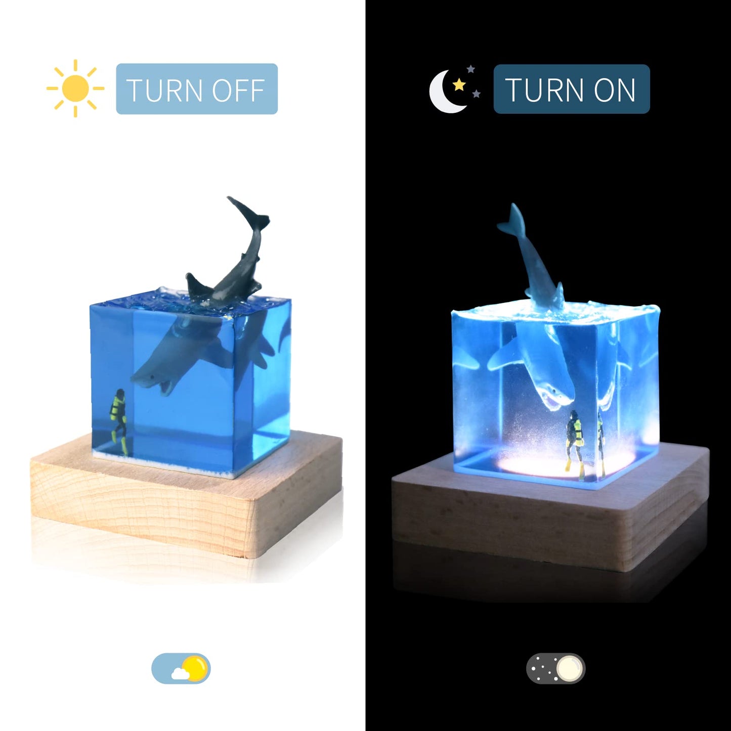 eletriace Shark Diver Night Light Table Lamp, Handmade Resin Shark Lamp, Novelty Night Light Cube Desktop Ornament, Suitable for Bedroom, Office Decoration, Creative Gift for Family and Friends