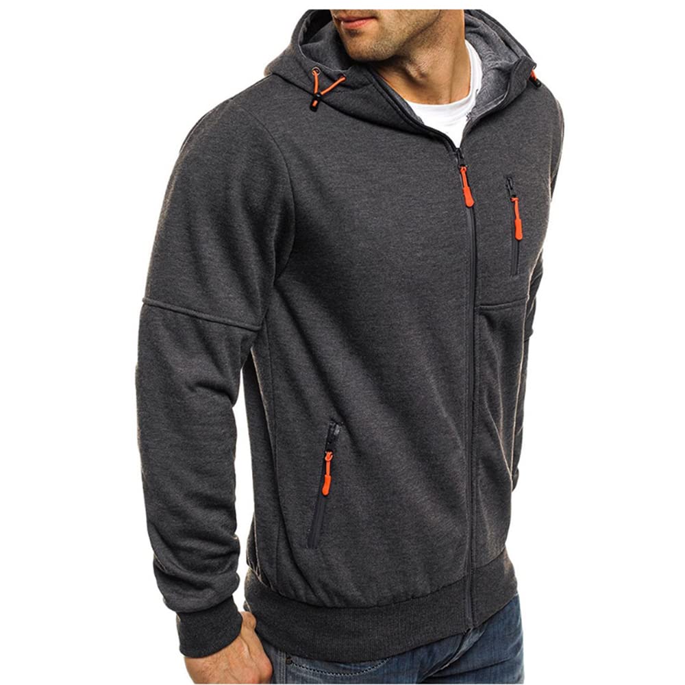Kroivil Men Hoodies Casual Hoodies for Men with Zip Pockets Full Zip Long Sleeve Sweatshirt Sports Hooded Jacket Dark Grey