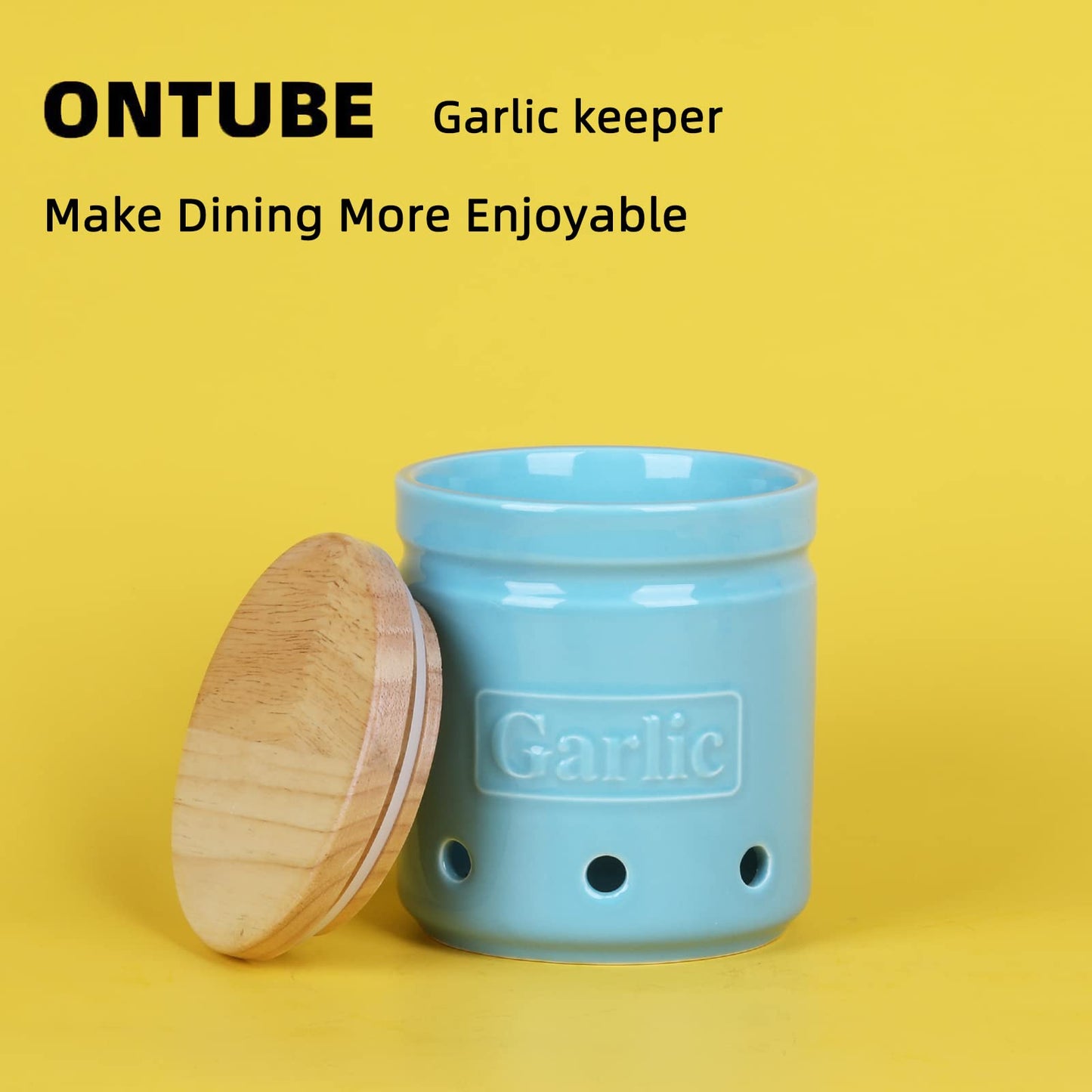 ONTUBE Garlic Keeper with Wooden Lid, 4.5-Inch Ceramic Garlic Holder 24oz (Turquoise)