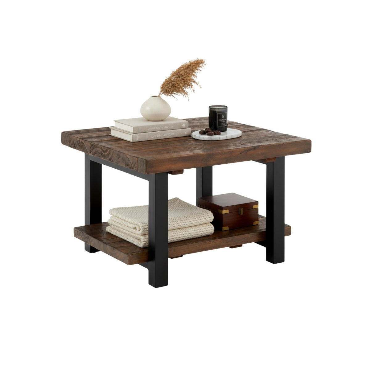 Pomona 27-Inch Square Solid Wood Coffee Table with Metal Legs – Modern Farmhouse Rustic Small Space Table by Alaterre Furniture (Rustic Brown)