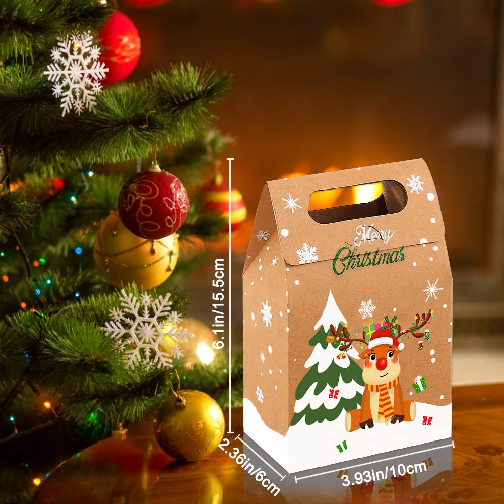 Vellibring 24PCS Christmas Kraft Candy Boxes, Kraft Paper Cookies Candy Treat Boxes Bags for Christmas Gift Wrapping Boxes Xmas Party Supplies Decorations