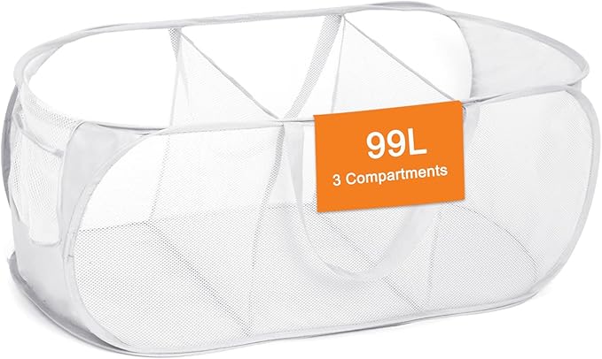 Durable Collapsible Foldable Mesh Pop Up Laundry Basket, 3 Compartments Easy to