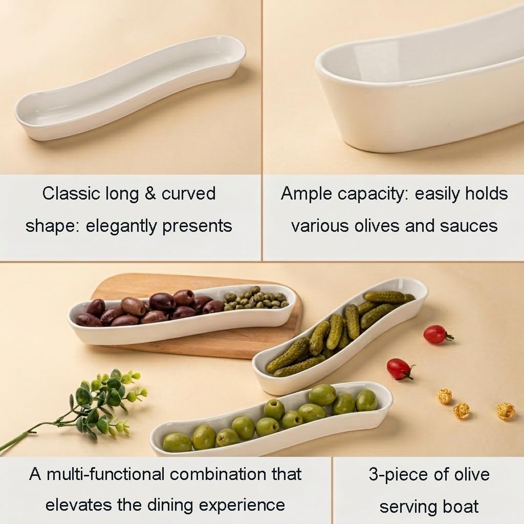 Dizada Olive Plates 3-Pack 12" - White Porcelain Long Arc Boat Trays, Ceramic Appetizer Platter for Charcuterie, Snacks, Entertaining, Dishwasher Microwave Oven Safe
