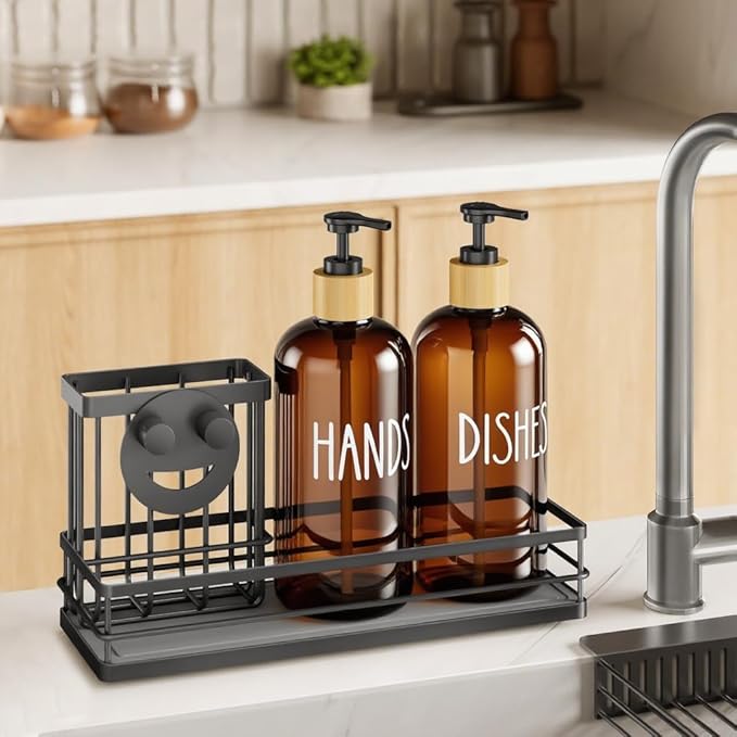 Moforoco Kitchen Dish Soap Dispenser Set, 16OZ Glass Bottle, Hand and Dish Soap