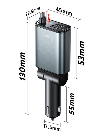 LISEN Retractable Car Charger Adapter for iPhone 17 Pro Max【2025 Ultra Compact】57W USB C Car Phone Charger Best Car Accessories for Men Women Super Fast Cigarette Lighter USB Charger, Grey