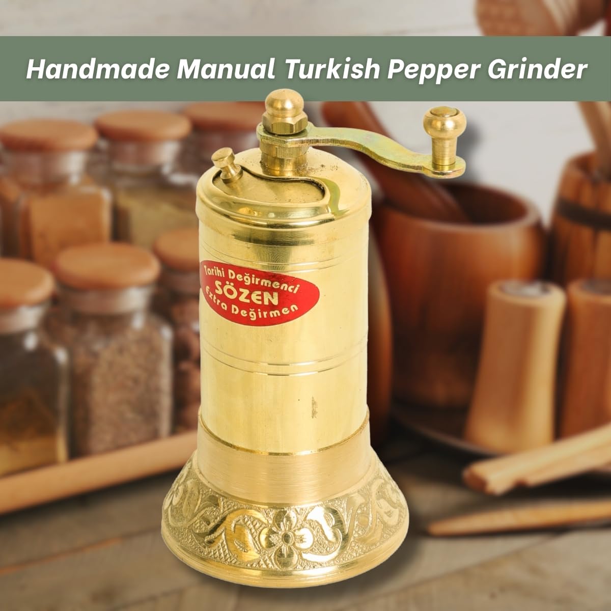 Sozen 4.3" Manual Pepper Grinder Brass – Handmade Turkish Pepper Mill, Conical Burr Spice Grinder, Portable Hand Crank Mill for Salt, Peppercorns, and Other Spices with Durable Brass Decor