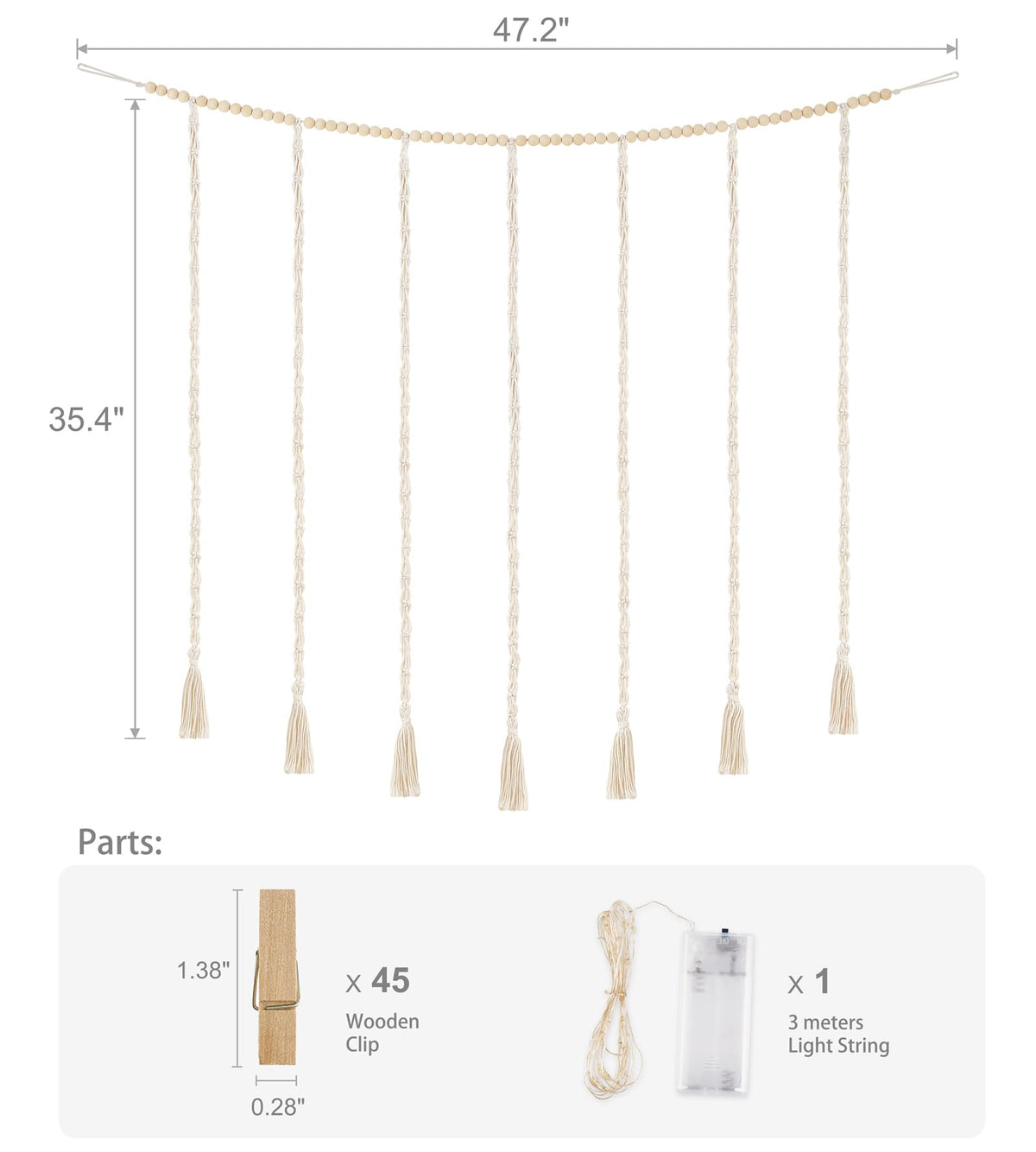 Mkono Macrame Hanging Photo Display Wall Decor with String Lights, Boho Wooden Beads Garland Collage Picture Card Frame Holder with 45 Clips for Bedroom Living Room Dorm, Teen Girls Gifts