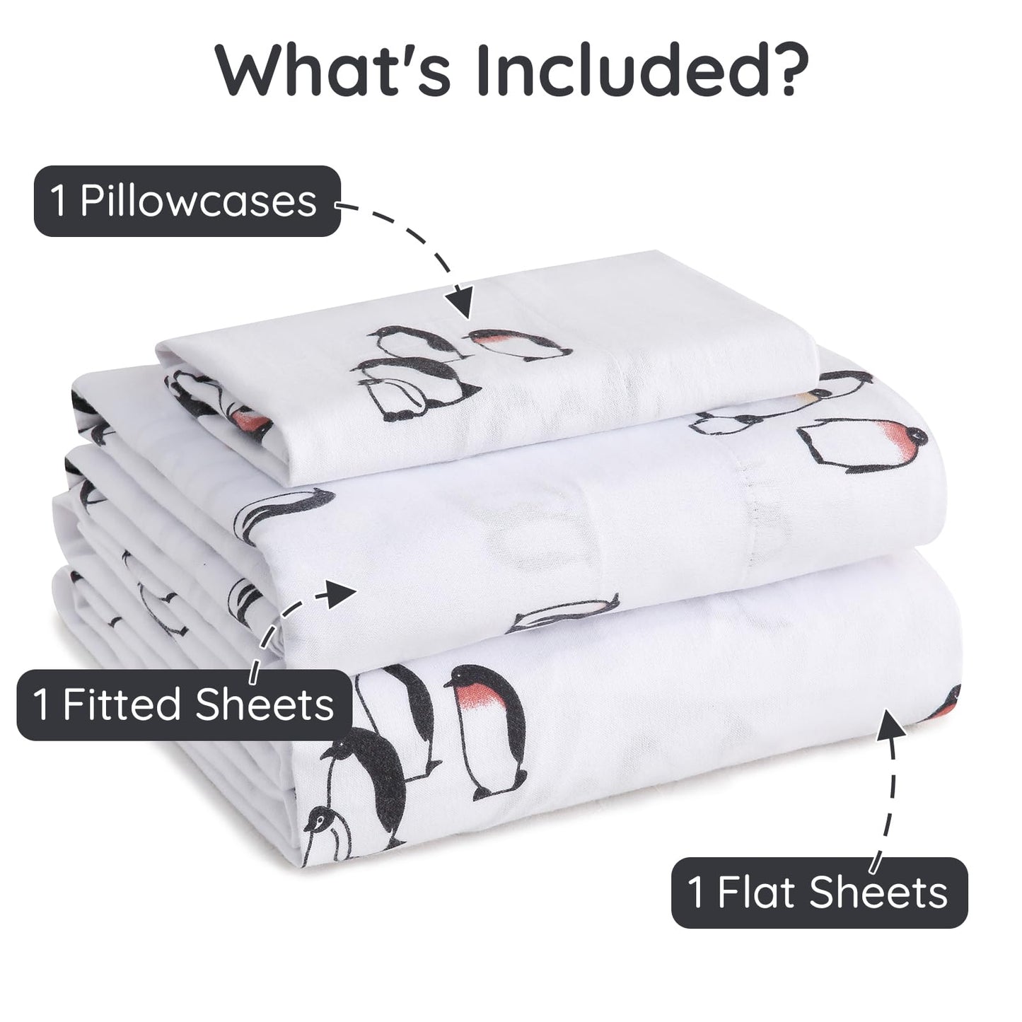 LONAVA 100% Cotton Flannel Sheet Set 4 Pieces, Heavy-Duty Fluffy Flannel Design, Thermal Lock Technology, 16 inch Deep Pocket Cozy Soft Bedsheets,(Twin,Peguin)