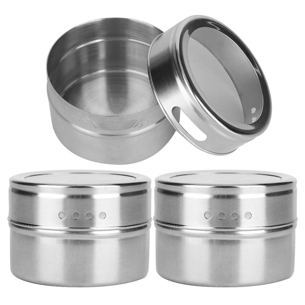 Agatige 3PCS Stainless Steel Spice Jars, Magnetic Spice Tins Seasoning Containers Bottle with Clear Lid and Holes Sift&pour for Kitchen Barbecue Accessory