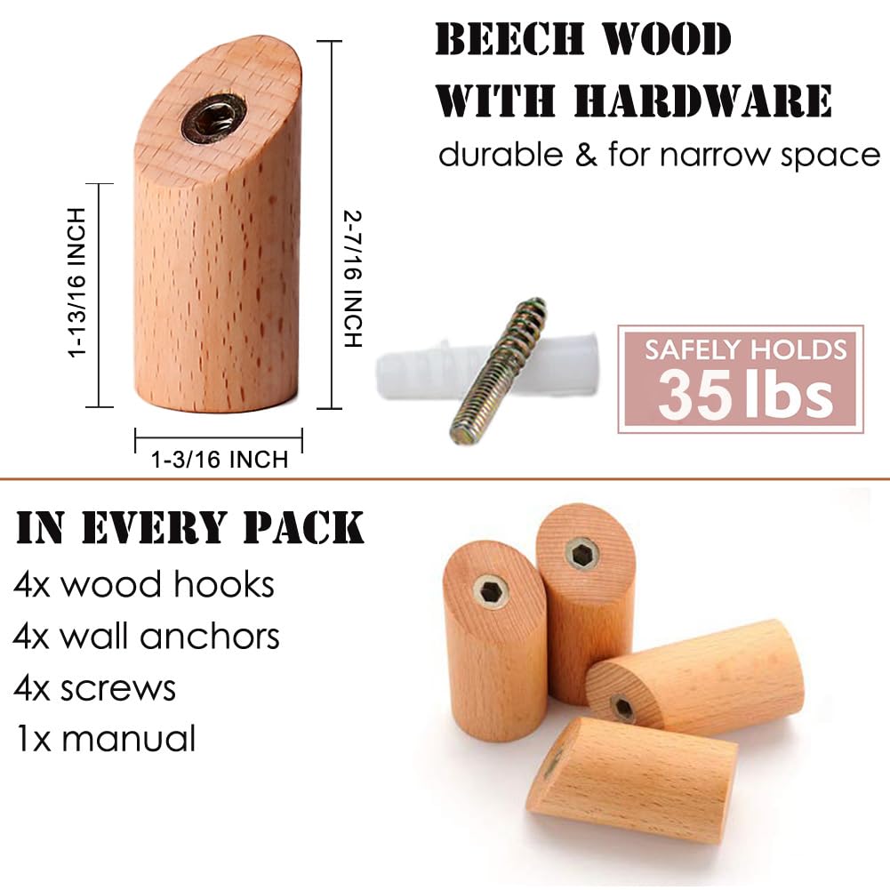 Felidio Wood Wall Hooks, 4 Pack Coat Hooks Mounted Rustic Wooden Heavy Duty Robe Hook Hat Rack | for Hanging Bathroom Towels Clothes Hanger (Beech Wood)