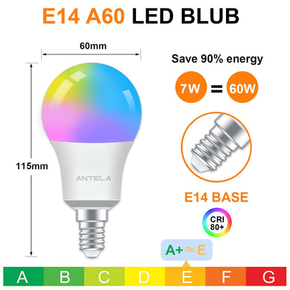 ANTELA Smart Bulb E14 Alexa Light Bulb A60 7W 806LM LED RGB Dimmable Bulb, 2700K-6500K Warm and Cool White, Smart Life App Control, Compatible with Google Home, 2PCS