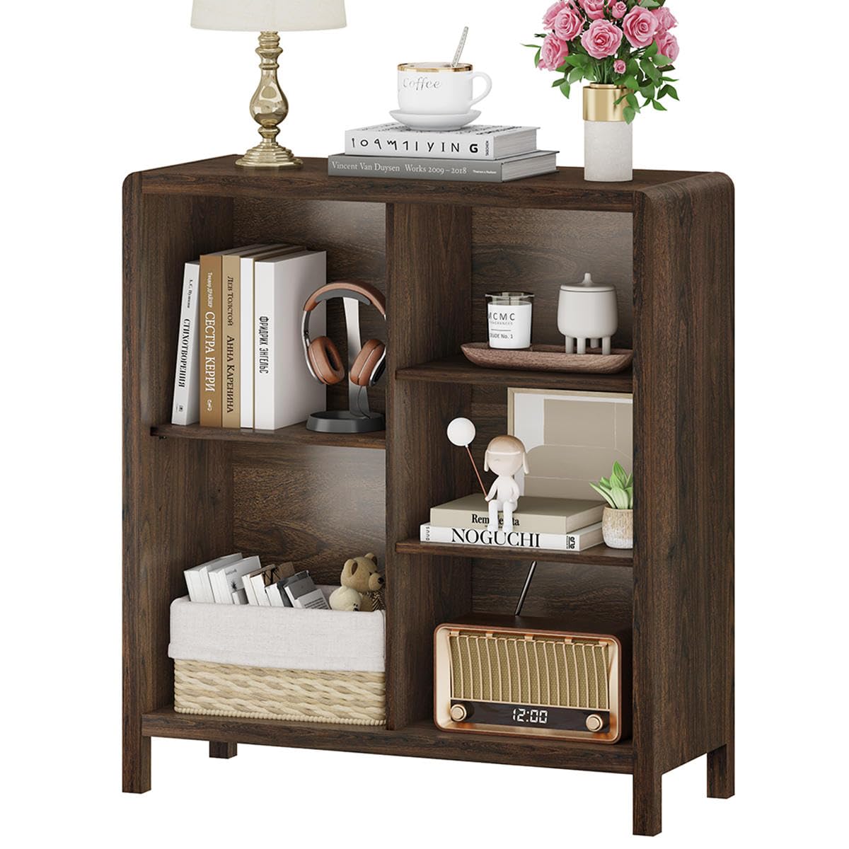 FATORRI 5 Cube Bookshelf, Wood Bookcase with 3 Adjustable Shelves, Farmhouse Cube Storage Organizer Shelf for Small Space Bedroom Living Room (Dark Walnut)
