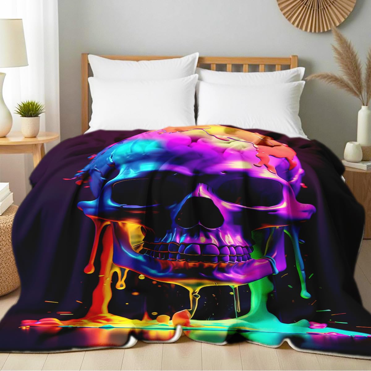 HUNXIAOJ Skull Blanket Throw Skeleton Flannel Blanket Gothic Print Throw Gifts for Kids Girls Boys Adults Women Men Halloween Decor Queen Size Bed Couch (49"x59")