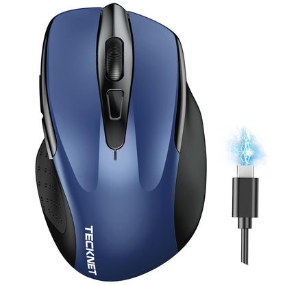 TECKNET Wireless Mouse (BT5.0/3.0 & 2.4G) Rechargeable 4800 DPI Silent USB A & Bluetooth Mouse 6 Buttons, Wide Compatibility - Grey