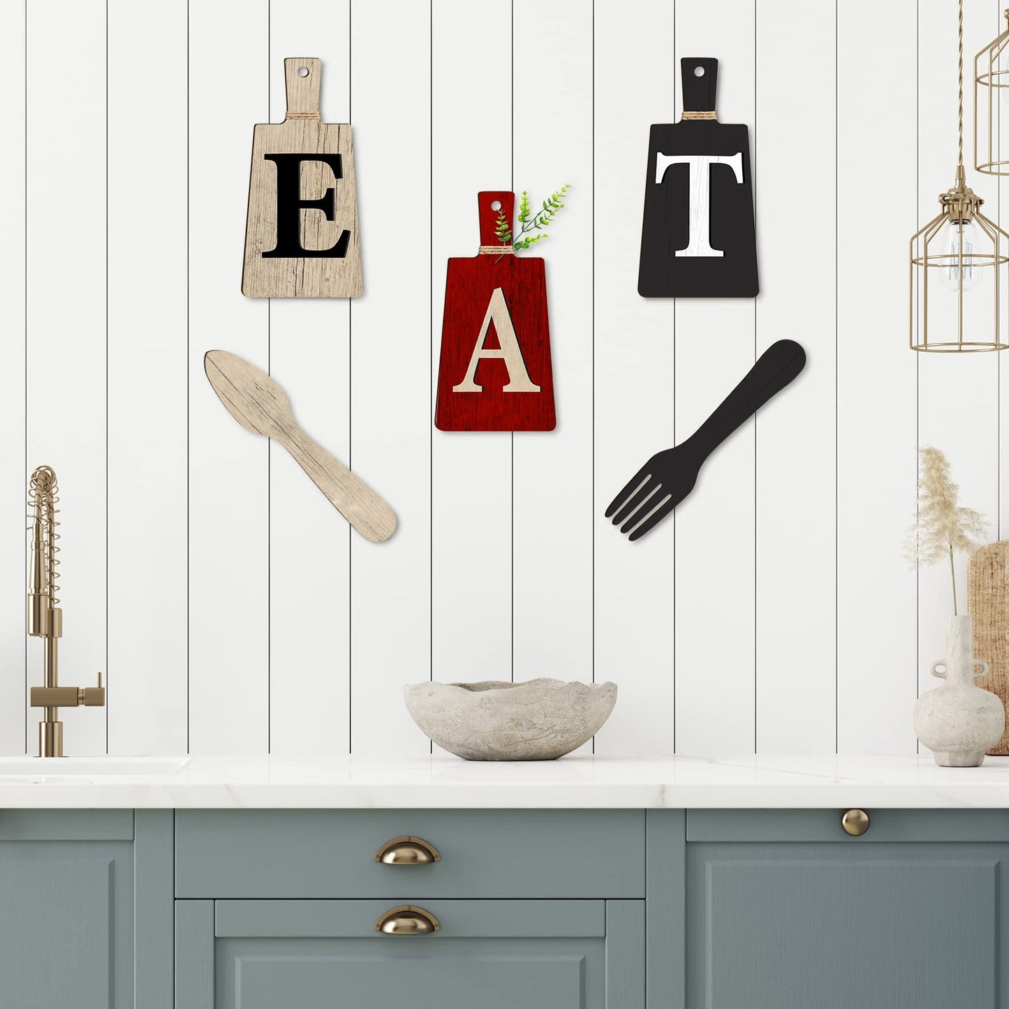 Jetec Cutting Board Eat Sign Set Hanging Art Kitchen Eat Sign Fork and Spoon Wall Decor Rustic Primitive Country Farmhouse Kitchen Decor for Home Decoration(Red, Beige, Gray)