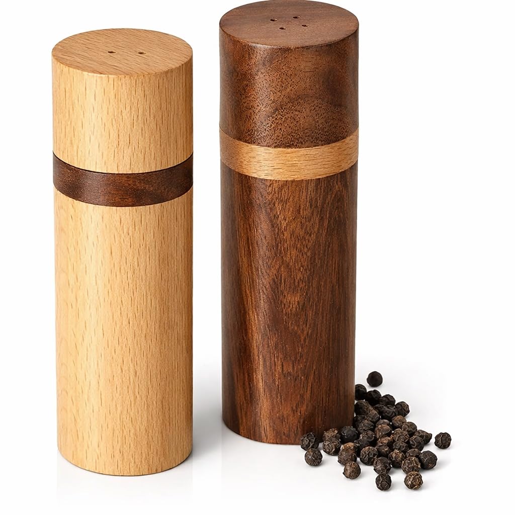 Wooden Salt & Pepper Shaker Set of 2 | Premium Oak & Rosewood | Tabletop Spice Shakers for Dining Table & Kitchen