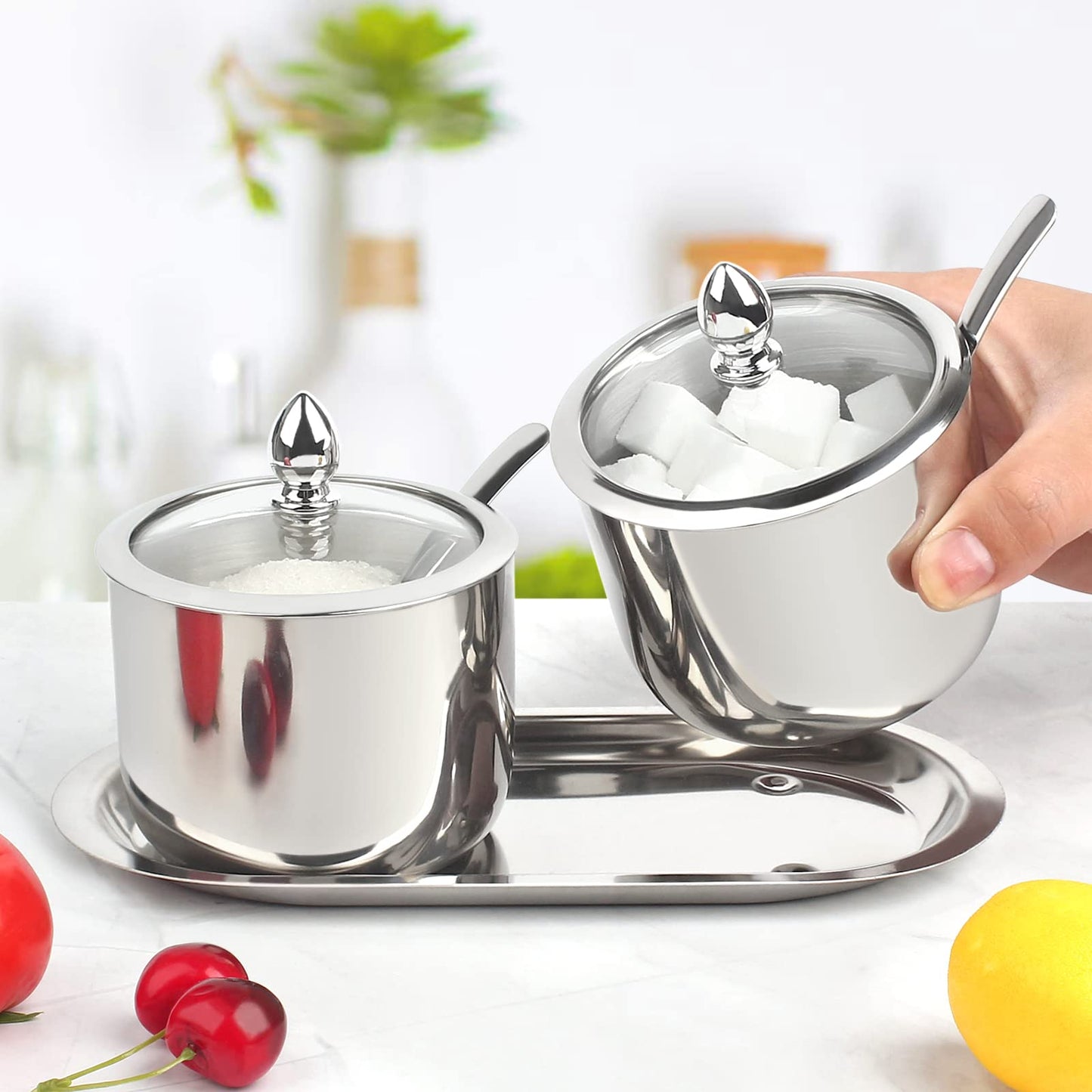 KEMIYIXIAN 2 Stainless Steel Sugar Bowl with Lid Spoon and Tray, Polished Shiny Sugar Bowl，for serving sugar Suitable for home and kitchen- 12 Oz/ 360m