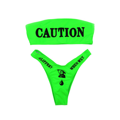 JUMISEE Women Skull Letter Pattern Goth Bikini Set 2 Piece High Waist Bandeau Swimsuit Neon Green