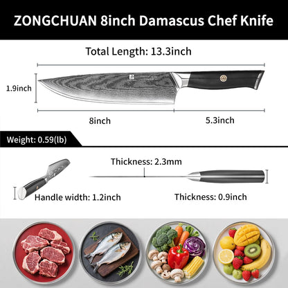 Chef Knife,8inch Damascus knife,67-Layer High Carbon Stainless Steel Kitchen Knife,Professiona Sharp Cutting Knives with Ergonomic G10 Black Handle,Gift Box for Home and Kitchen Birthday Gift