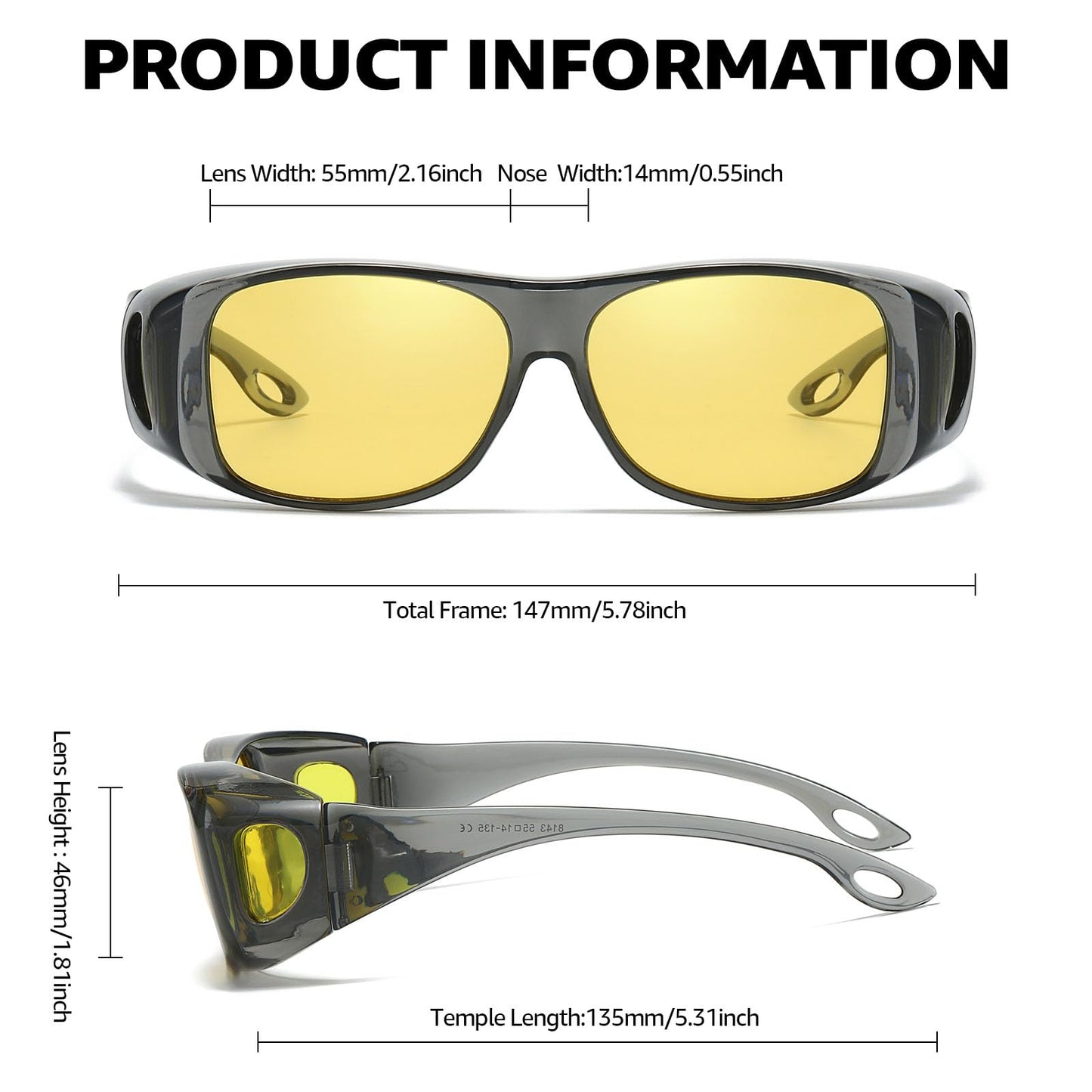 LVIOE Night Driving Glasses Polarised Fit Over Glasses, Lightweight Rectangle Frame,Reduce Headlight Glare for Night Vision