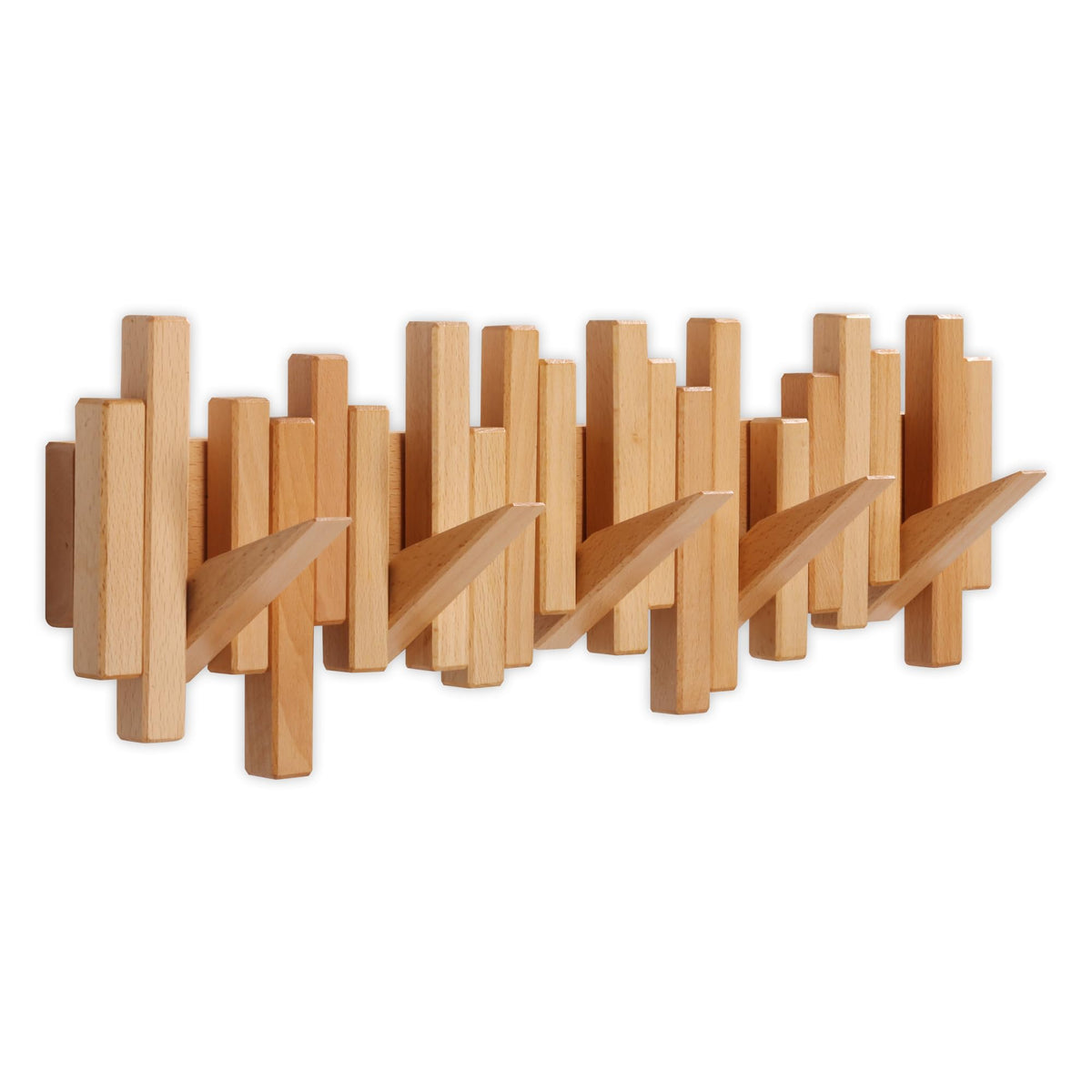 DESAINOPH® Wooden Coat Rack Wall Mounted Sticks Multi Rack Solid Handmade Natural Wood Artwork with 5 Flip-Down Unique Modern Hooks for Coats Bag Hat Umbrella