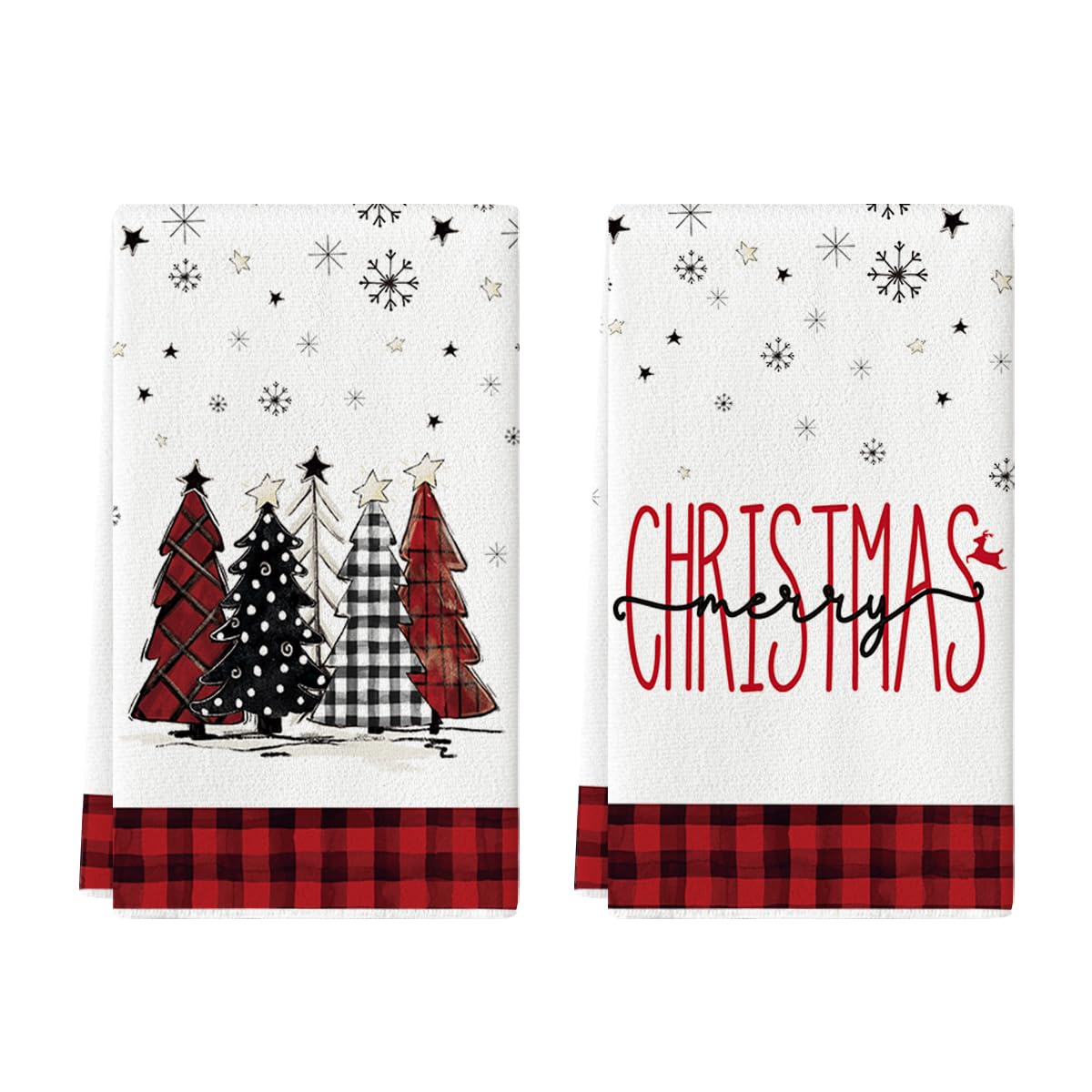 Artoid Mode Black Red Merry Christmas Kitchen Towels Dish Towels, 18x26 Inch Buffalo Plaid Winter Xmas Trees Star Decoration Hand Towels Set of 2