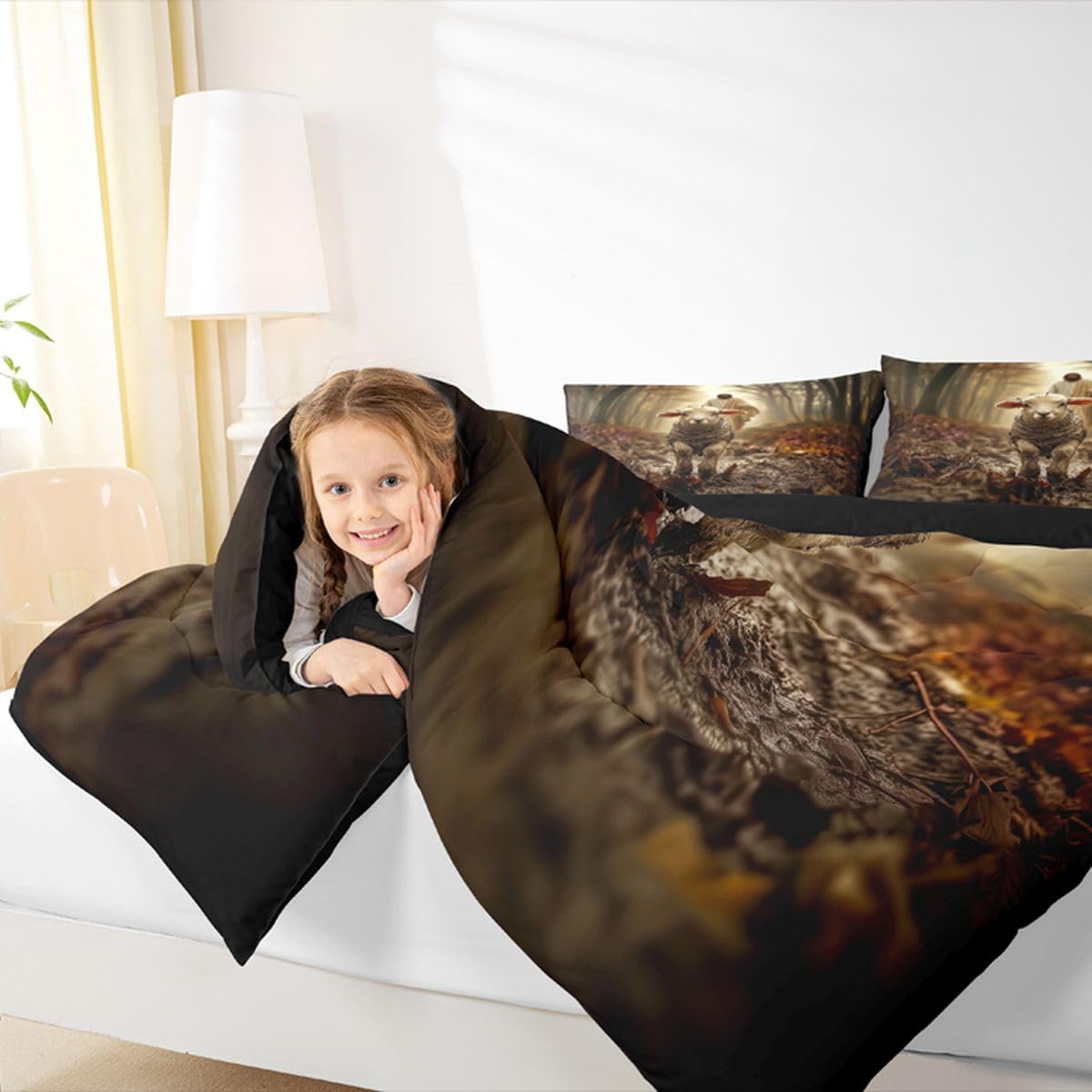 Manfei Western Kids Comforter Set Twin Size,God Running After Lost Lamb Bedding Set Boys Girls Room Decor,Spiritual Bible Verse Quilt Comforter,Brown Duvet Set Bedroom Quilt Set,1 Pillowcase