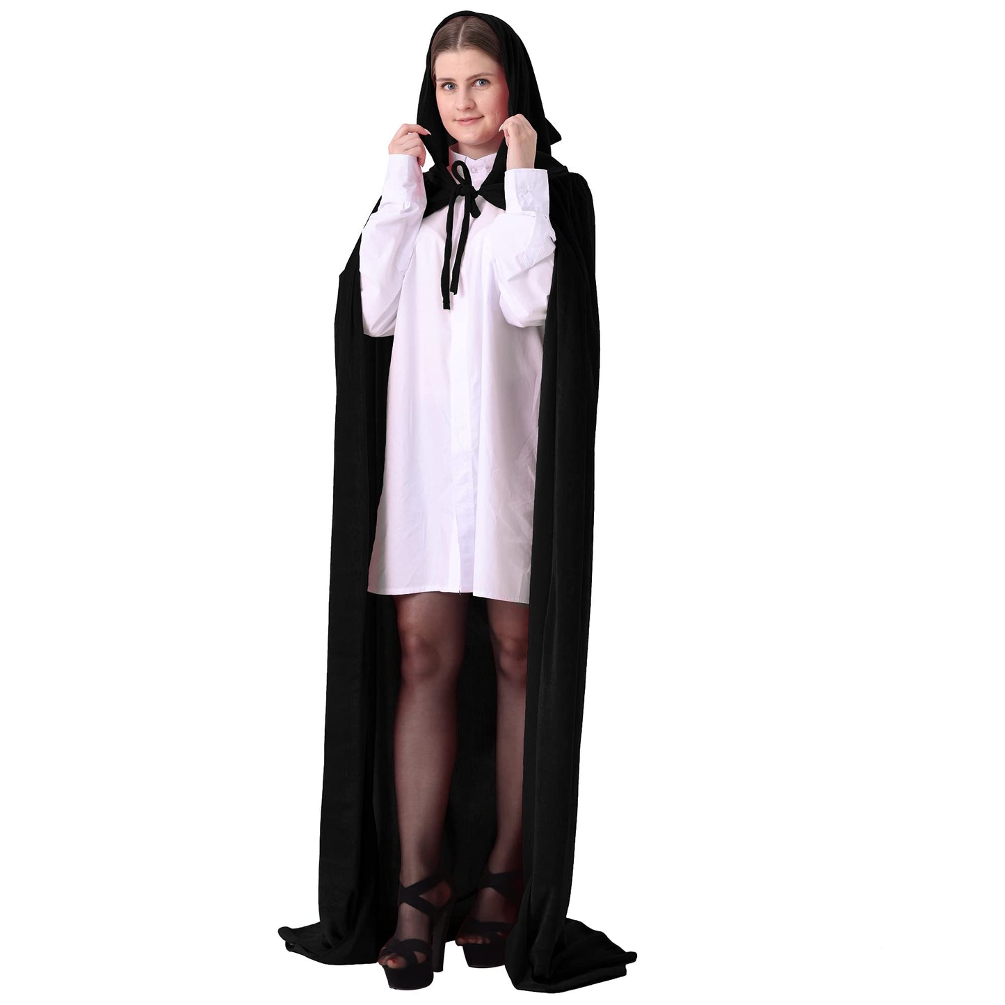 GraduatePro Hooded Cloak Cape Halloween Cosplay Witch Wizard Velvet Women Adult Costume Black